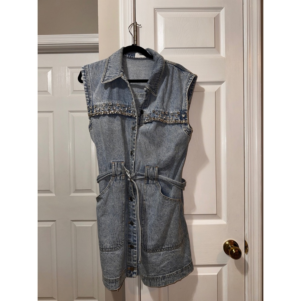 ACLER Sleeveless Denim Dress Embellished Belted Shirt Dress Mini - Picture 7 of 12